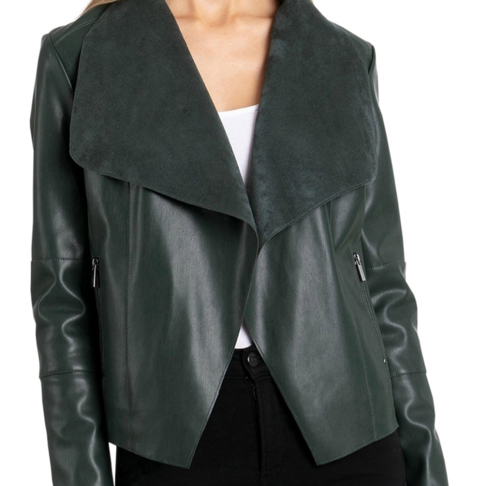 Bagatelle Black Vegan Leather Drape Open Front Moto Jacket. Size 3X